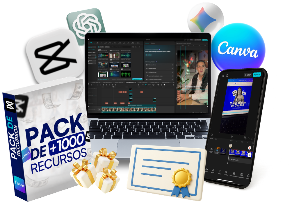 Pack de más de 1000 recursos: laptop y celular editando en CapCut, caja de recursos, certificado y regalos