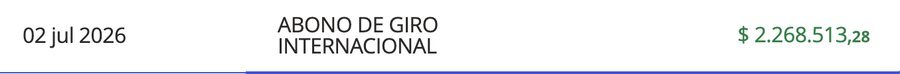 Abono de giro internacional por $2.268.513,28 COP del 2 de julio de 2026