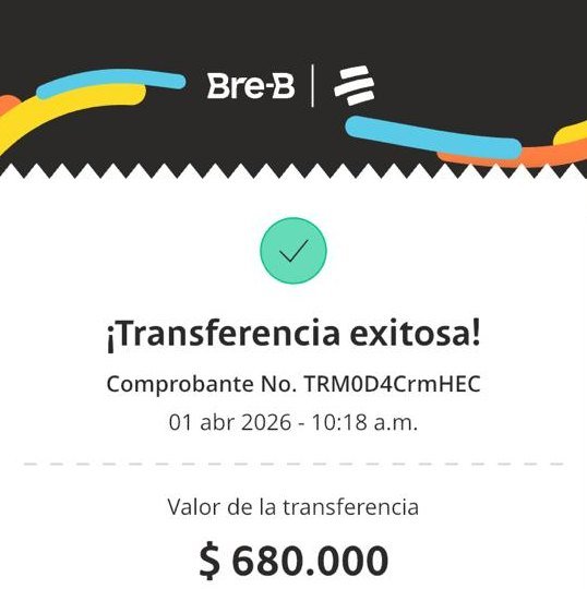 Comprobante Bre-B de transferencia recibida por $680.000 COP el 1 de abril de 2026